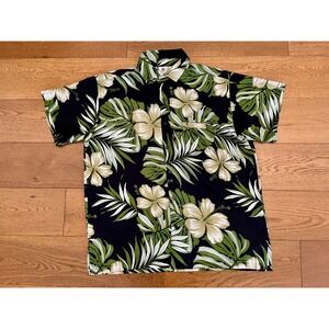 Rima Hawaiian Shirt Mens Large Black Green Tropical Floral Hibiscus